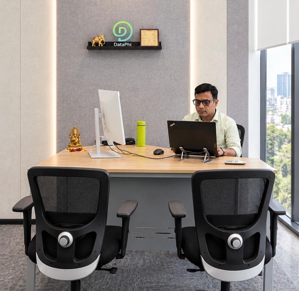 Private desk setup featuring the DataPhi logo and personal touches